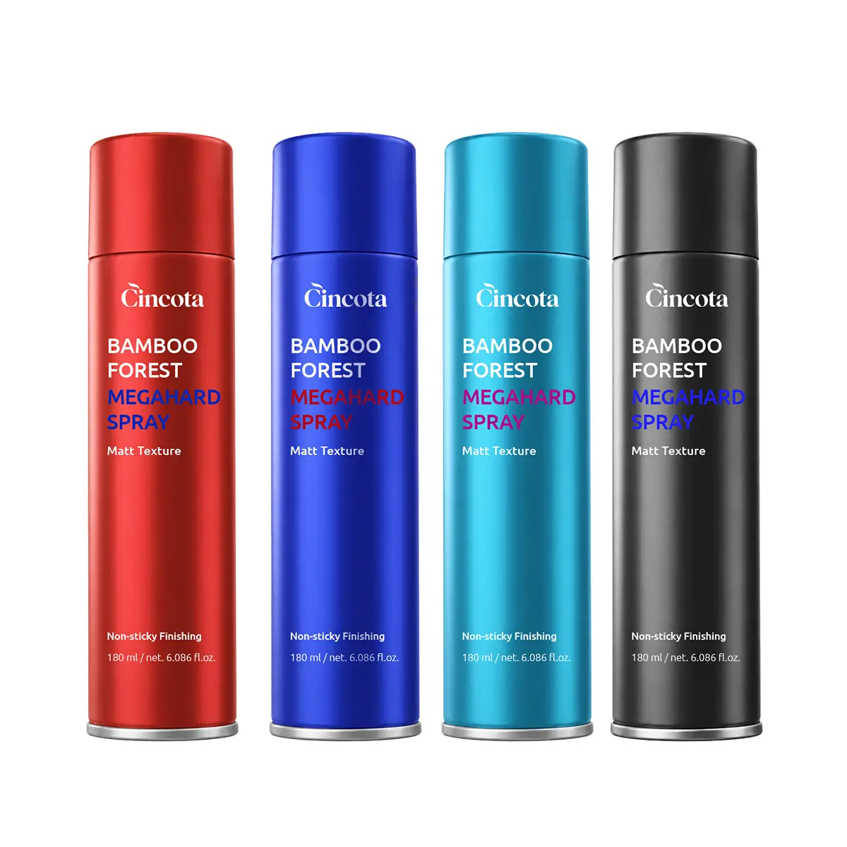 Cincota hair styling spray packaging in four colours