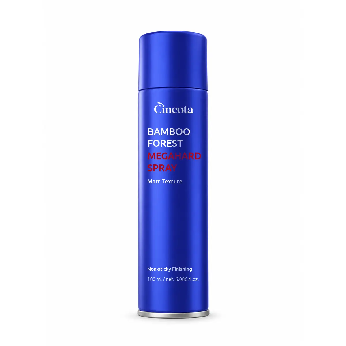 Angled view of a blue Cincota hair styling spray bottle